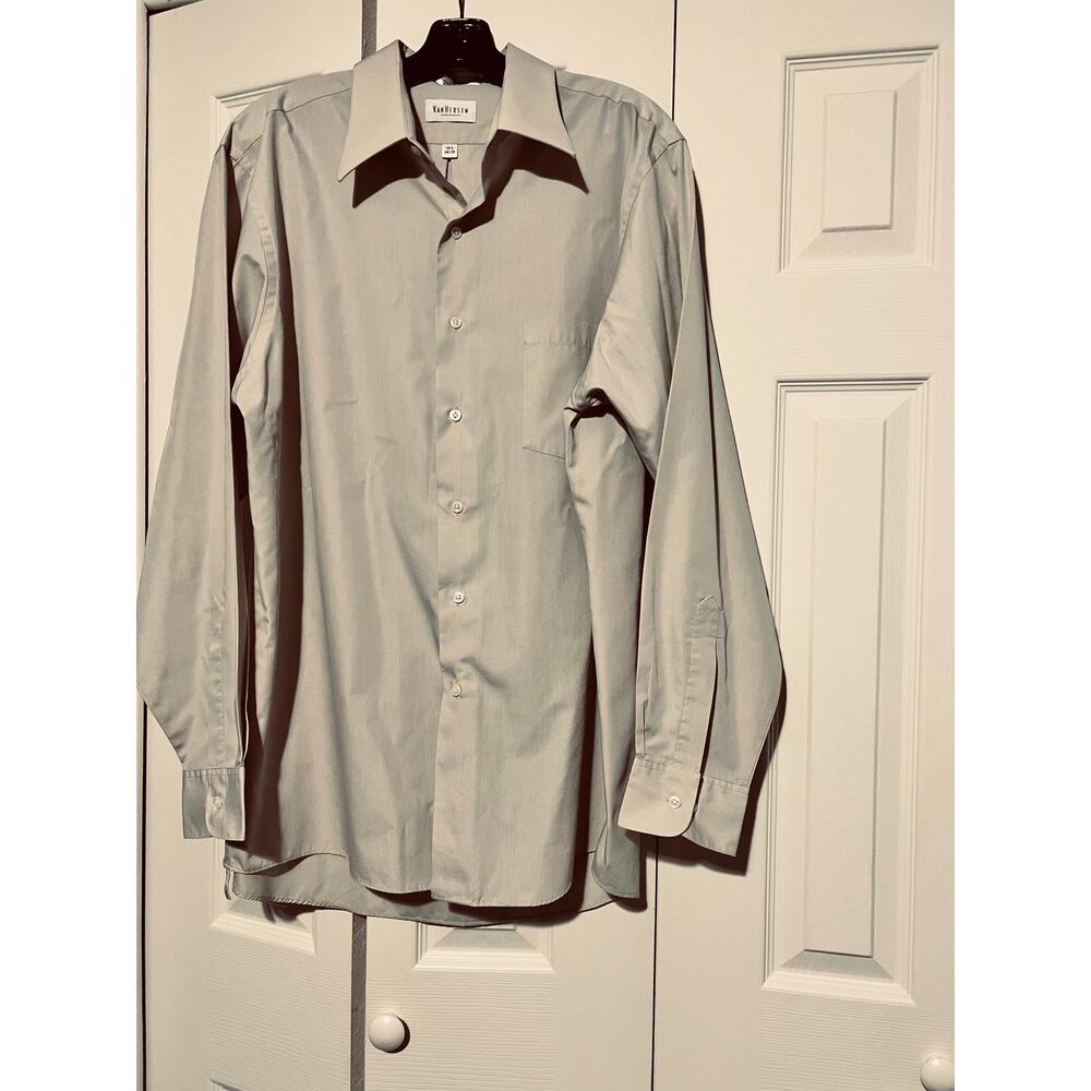 Van Heusen Mens Dress Shirt 16.5 34/35 Tan Poplin Long Sleeve Button Up NWOT
